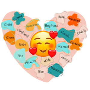 emoji with little heart and several synonyms for lover in English and French